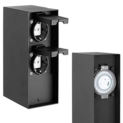 Afbeelding van Bakaji Elektrische stekkerzuil voor de tuin, palen buiten, 2 stopcontacten shucko + timer, mechanisch, waterdicht, meervoudige stopcontacten, structuur van staal, bevestiging met schroeven, zwart