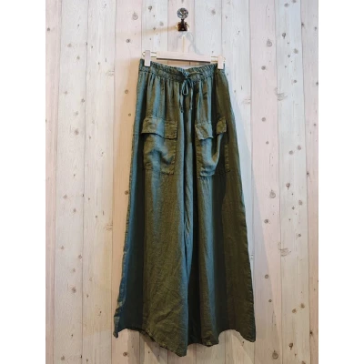 Afbeelding van 100% linnen broek met elastische talie brede pijpen grote steek zakken kleur MILITAIR GROEN maat 44