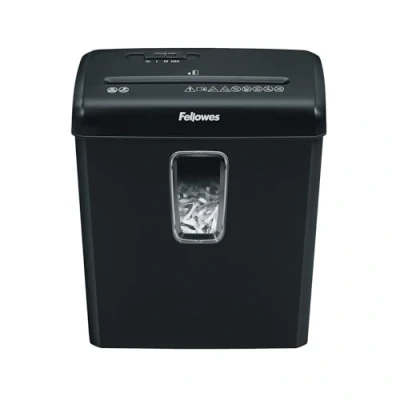 Afbeelding van Fellowes papierversnipperaar 6 vel (P4), papiervernietiger voor thuis en kantoor aan huis, Powershred FS 6C, met 15 liter prullenbak, verwerkt creditcards, nietjes, zwart