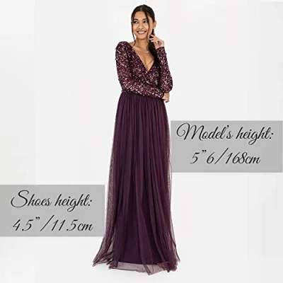 Afbeelding van Maya Deluxe Dames Maxi Jurk Lange Mouwen V Hals Plunging Sequin Verfraaid voor Bruiloft Gast Bruidsmeisje Prom, Bessen, 36