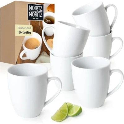 Afbeelding van Moritz &amp; BASIC Koffiekopjes set 6 delig ca. 300ml van hoogwaardig porselein in klassiek wit perfect voor koffie, thee, warme chocolademelk, cappuccino