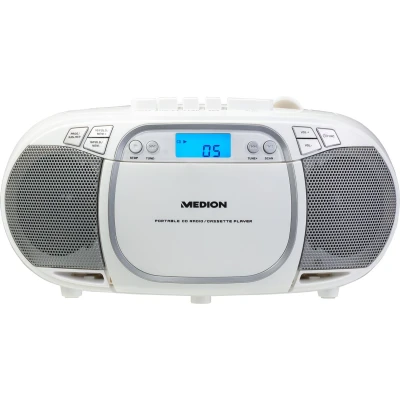 Afbeelding van MEDION E66476 Stereo Sound Systeem (Boombox, CD speler, MP3, cassette, draagbare cassettespeler voor kinderen, FM radio, AUX, hoofdtelefoon, netstroom &amp; batterij), wit