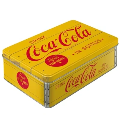 Afbeelding van Nostalgic Art Retro voorraadblik plat, Coca Cola Logo Yellow Geschenktip voor Coke fans, Blik met deksel, Vintage design, 2,5 l