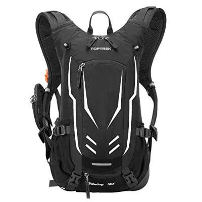 Afbeelding van Toptrek fietsrugzak, 18 l, ultralicht, fietsrugzak met regenbescherming en helmafdekking, drinkrugzak, waterdicht, sportrugzak, hydratatie, rugzak voor heren, MTB, zwart