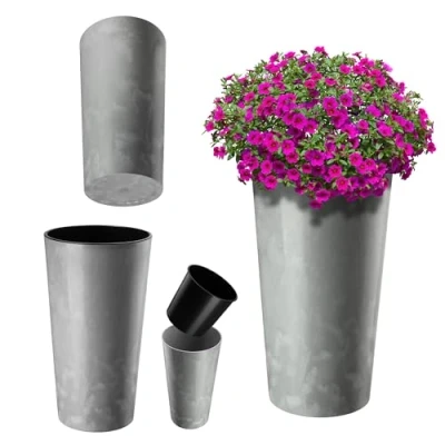 Afbeelding van KADAX bloempot met houtspaanders, elegante uitneembare inzet, bloempotbescherming voor kantoor, bloembak, pot, tuinschaal (betongrijs, diameter 30 cm)