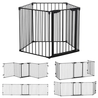 Afbeelding van PawHut 2 in 1 puppyuitloop, 5 delig, inklapbaar afsluitrooster voor hond met deur, doe het zelf puppybox, haardbeschermingsrooster, ovenbeschermingsrooster kleine en middelgrote honden, 300 x