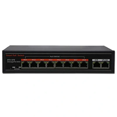 Afbeelding van SECUPOE 8 poorts PoE switch 10M / 100M met 2 Ethernet Uplink 802.3af 802.3at Ingebouwde DC48V voeding 130W