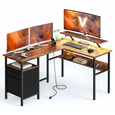 Afbeelding van VASAGLE L vormig bureau met stopcontacten, hoekbureau, computerbureau, monitorstandaard, gametafel, LED verlichting, USB poorten, eenvoudige montage, thuiskantoor, vintage bruin LWD095K01