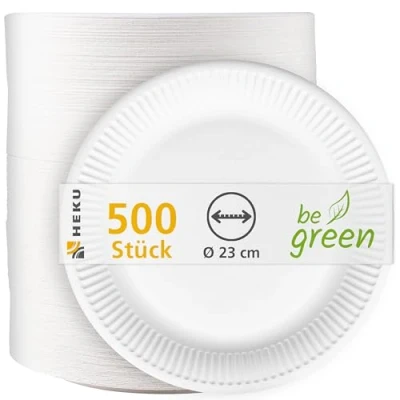Afbeelding van HEKU Grote papieren borden Ø 23 cm, 500 stuks, wit, 100% composteerbaar, robuuste 220 g/m² verse vezels, ideaal voor verschillende gelegenheden, milieuvriendelijke wegwerpborden
