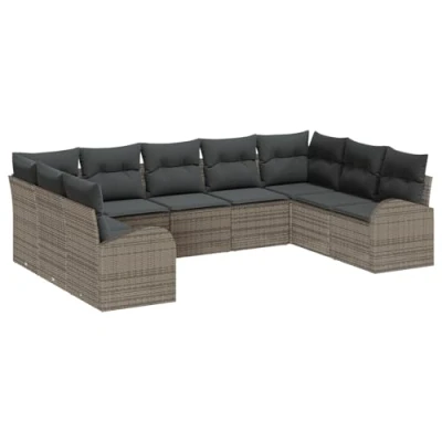 Afbeelding van vidaXL 9 delige Tuin Sofa Set met Kussens Grijs Poly Rattan, 2 zits Opbergruimte &amp; Rattan