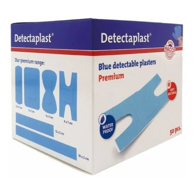 Afbeelding van Detectaplast blauwe knokkel pleisters Premium, metaaldetecteerbare, waterdichte en vuilwerende sensitive, voor de voedingsindustrie, catering grootkeuken, 68 x 38 mm (knokkel), 50 stuks