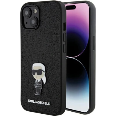 Afbeelding van Karl Lagerfeld Fixed Glitter Metal Ikonik Case for iPhone 15 Zwart