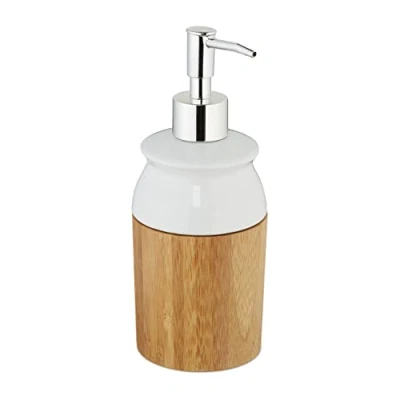 Afbeelding van Relaxdays zeeppompje bamboe keramiek 225 ml zeepdispenser badkamer zeeppomp