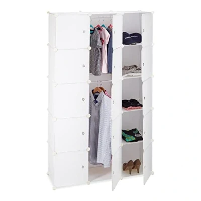 Afbeelding van Relaxdays kledingkast kliksysteem 11 vakken 2 kledingroedes DIY garderobe wit