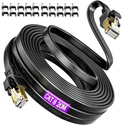 Afbeelding van Netwerkkabel 20m, LAN kabel 20 meter platte Cat 8 40 Gbps hoge snelheid zwart internet WLAN FTP afscherming RJ45 Gigabit Ethernet patchkabel compatibel met Cat5/6/7 voor routers (20 clips)