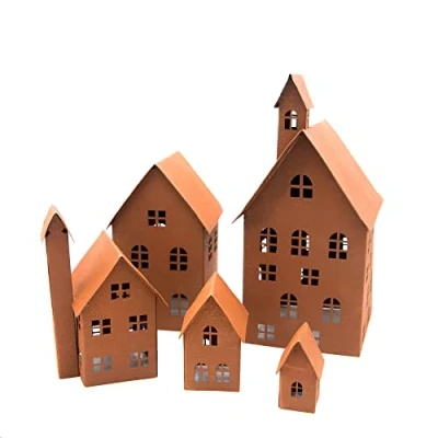Afbeelding van UNUS Decoratieve huizen set van 5, metalen lichthuisjes voor tuin, terras, balkon of huis (roest)