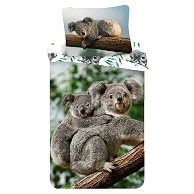 Afbeelding van Beddengoedset Koala met baby in de wildernis op eucalyptusboom, dekbedovertrek 140 x 200 cm, kussensloop 70 90 100% katoen, voor kinderen, tieners en volwassenen