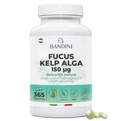 Afbeelding van Bandini® Fucus Kelp (Natuurlijk Jodium) 365 Tabletten 150 mcg Jodium (1 Jaar Dekking) Gestandaardiseerd op 0,1% Energiestofwisseling, Nagels en Haar Bruin Zeewier 100% Veganistisch