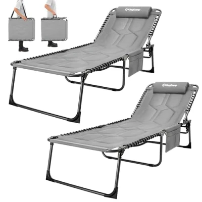 Afbeelding van KingCamp Oversized zonnebed, inklapbaar, 5 voudig verstelbaar, ligstoel, campingligstoel met hoofdkussen en zijzak, tot 150 kg, voor tuin, vakantie, strand, zwembad, 200