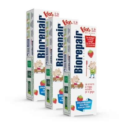 Afbeelding van Biorepair ® tandpasta voor kinderen van 0 6 jaar oud, zonder fluoride, fruitsmaak, anticariës, gezond tandvlees, 3 stuks x 50 ml