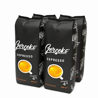 Afbeelding van GERCEKS Arabica Robusta, sterke koffiebonen zuurarm, bonenkoffie, fijne crema, ideaal voor cappuccino, verpakking van 4 x 500 g