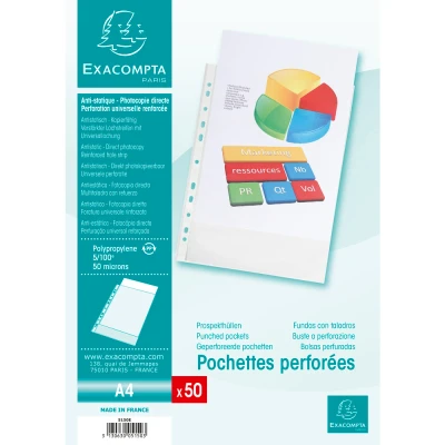 Afbeelding van Exacompta Ref. 5150E Zakje van 50 geperforeerde showtassen in gestructureerd polypropyleen Dikte 5/100e Universele perforatie 11 gaten Formaat A4 Kleurloos