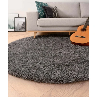 Afbeelding van Rond Hoogpolig Vloerkleed Shaggy Grand Effen Donkergrijs 160 Cm