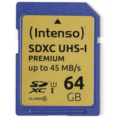 Afbeelding van Intenso SDXC kaart 64GB, Premium, Class 10, U1, UHS I (R) 90MB/s, (W) 10MB/s, blisterverpakking