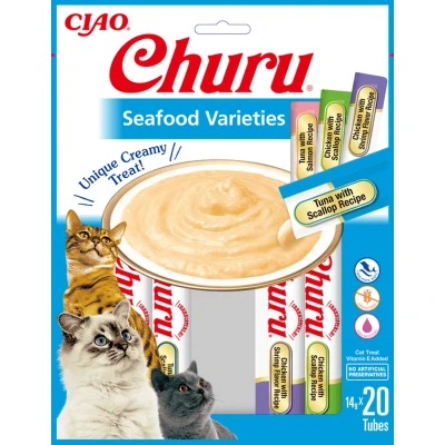 Afbeelding van INABA Churu Püree Cat Treats Multipack 5X Tonijn &amp; Sint Jakobsschelpen, Kip Zalm en Garnalen, 20 tubes
