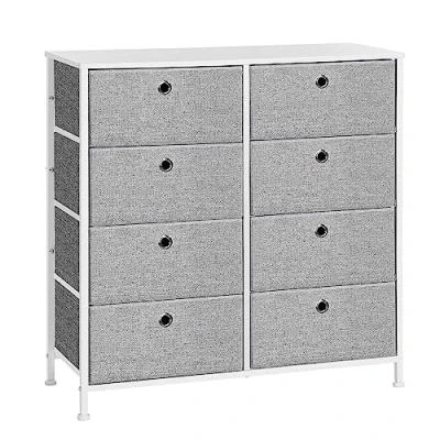 Afbeelding van SONGMICS Commode, opbergkast, 8 stoffen laden, met metalen frame, tafelblad, voor kledingkast, woonkamer, lichtgrijs wit LTS24W