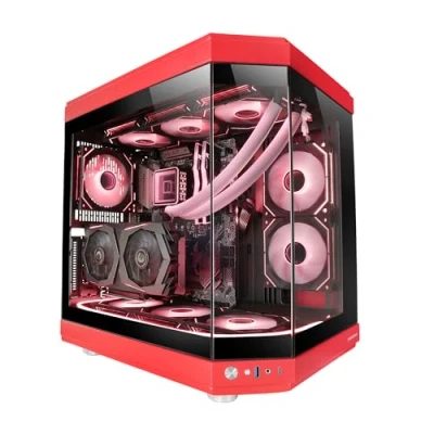 Afbeelding van Mars Gaming MC 3T, Custom ATX Case, Drievoudig Venster Continu Gehard Glas, Volledige Ondersteuning Vloeistofkoeling, Dual Side Camera, 3x Verticale PCI Slots, USB C en 3.0, Rood