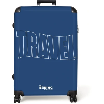 Afbeelding van NoBoringSuitcases.com® Koffer groot Reiskoffer lichtgewicht Blauwe achtergrond met Grote contourtekst Travel Rolkoffer 4 wielen trolley XL 98 liter bagage