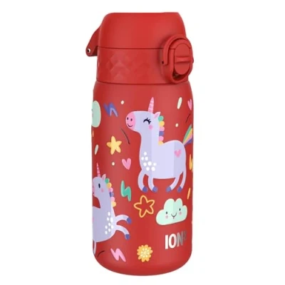 Afbeelding van ION8 Roestvrijstalen Kinderwaterfles, 400 ml/13 oz, Lekvrij, Makkelijk te Openen, Veilige Vergrendeling, Vaatwasserbestendig, Flipdop, Draaggreep, Duurzaam, Metalen Drinkfles, Rood Eenhoorns