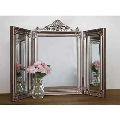 Afbeelding van HomeZone Antiek Zilver Tri Fold Dressing Tafel Spiegel Ornate Shabby Chic make up Styling Slaapkamer vouwspiegel