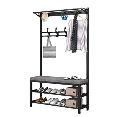 Afbeelding van 4 in 1 Kapstok met schoenenrek en bank. Industriële standaard kledingstang haak. voor woonkamer, hal, kleedkamer, kantoor of slaapkamer 80/100 x 33 172 cm