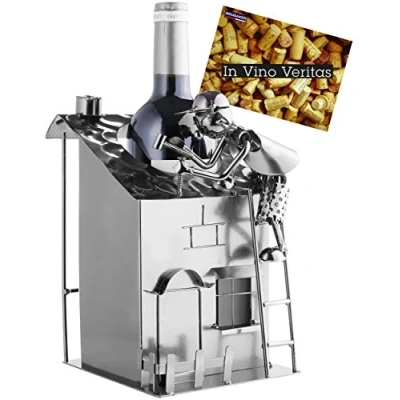 Afbeelding van BRUBAKER Wijnflessenhouder huis met dakdekker timmerman op dak richtfest flessenhouder zilver decoratieve metalen figuur wijngeschenk flessenstandaard cadeaukaart cadeau voor ambachtslieden