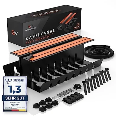 Afbeelding van GELSENWERK® Set van 2 kabelgoot, bureau, zwart, zonder boren, kabelhouder, 43 x 12 cm, incl. kabelslang, kabelkuip voor netjes kabelmanagement op de werkplek en orde kantoor