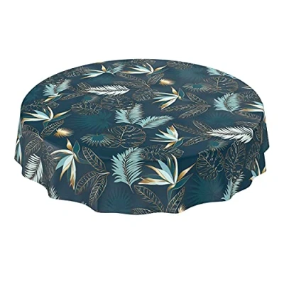 Afbeelding van Wasdoek tafelkleed, afwasbaar tuintafelkleed van tafelzeil, rond, ovaal, rechthoekig, voor binnen en buiten, bladeren, goud/blauw, 120 cm