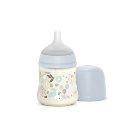 Afbeelding van Suavinex, babyfles 150 ml met symmetrische siliconen zuiger SX Pro en anti koliek ventiel, langzame speen (S). pasgeborenen +0 maanden. Wonderland bloemen lichtblauw