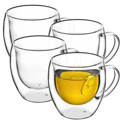 Afbeelding van Dubbelwandige glazen beker, 250 ml, glas met brede handgreep, drinkglas voor sap, thee, koffie, cappuccino, water, ijsthee, ijs, universeel glas, theeglas, vacuüm (4)
