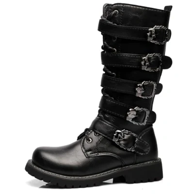 Afbeelding van DJFOG Mannen Punk Rock Motorlaarzen Retro Metalen Gesp Halverwege de Kuit Laarzen Veterschoenen Militaire Vetersluiting Zacht Synthetisch Leer Sterke Buitenzool