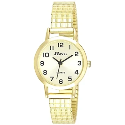 Afbeelding van Ravel Traditioneel dames horloge met duidelijke, numerieke wijzerplaat op een elastisch bandje Analoge Kwarts R0201.11.2S Goudkleurig/goud