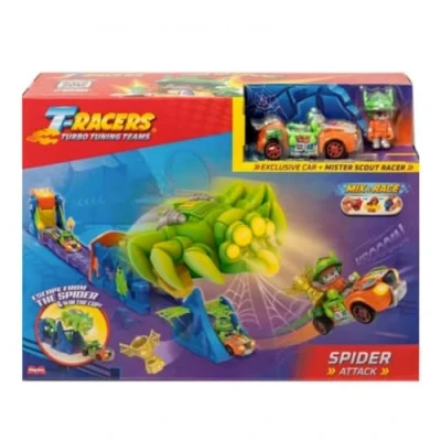 Afbeelding van T Racers Spider Attack Spinnenbaan voor racewagens, de uitdaging van spinnenaanval, speelgoedauto inclusief 1 exclusieve piloot en voertuig
