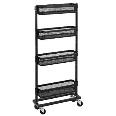 Afbeelding van SONGMICS Nisplank, trolley, huishoudtrolley, badkamerplank, keukenplank met 4 gaasmanden, ruimtebesparend, eenvoudig te monteren, keuken, kantoor, badkamer, woonkamer, zwart BSC065B01