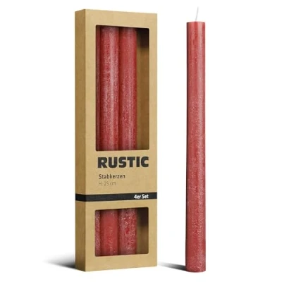 Afbeelding van Brandsseller Staafkaarsen rustieke set van 4 hoogte 25 cm Ø 2 woonkaarsen huishoudelijke kaarsen tafelkaarsen kerstkaarsen brandduur ca. 6 uur bordeaux