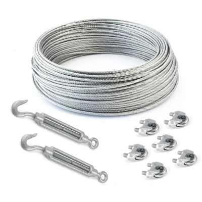 Afbeelding van Set van 30 m staalkabel, verzinkt, 6 x 7 4 mm + kabelklemmen en 2 haakspanners