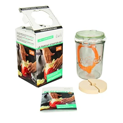 Afbeelding van Weck Le Parfait 44840 Wire Clip Jar 1000 ml met rubberen ring, glas voor fermentatie /conservering pot receptenboekje