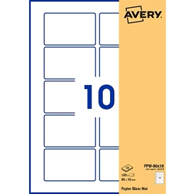 Afbeelding van Avery Verpakking met 100 rechthoekige zelfklevende etiketten, wit papier, formaat 80 x 50 mm, personaliseerbaar en bedrukbaar voor laser, inkjet kopieerapparaat (PPW 50,Fr)
