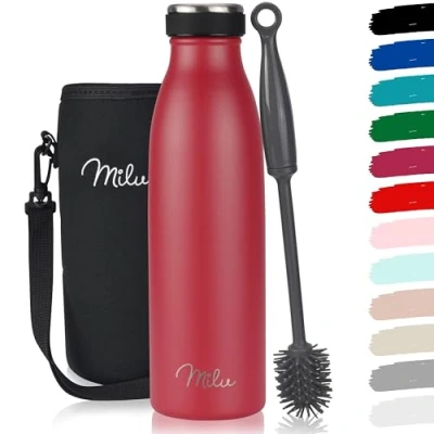 Afbeelding van Rvs drinkfles, 350 ml, 500 750 1000 thermosfles, geïsoleerde lekvrije dubbelwandig, geschikt voor carbonatatie, incl. reinigingsborstel (rood, ml)