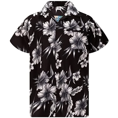 Afbeelding van King Kameha Funky Hawaïaans shirt voor heren, casual, button down, zeer opvallend, korte mouwen, vakantie, palmen, mono, wild, tropische bloemen, uniseks, L